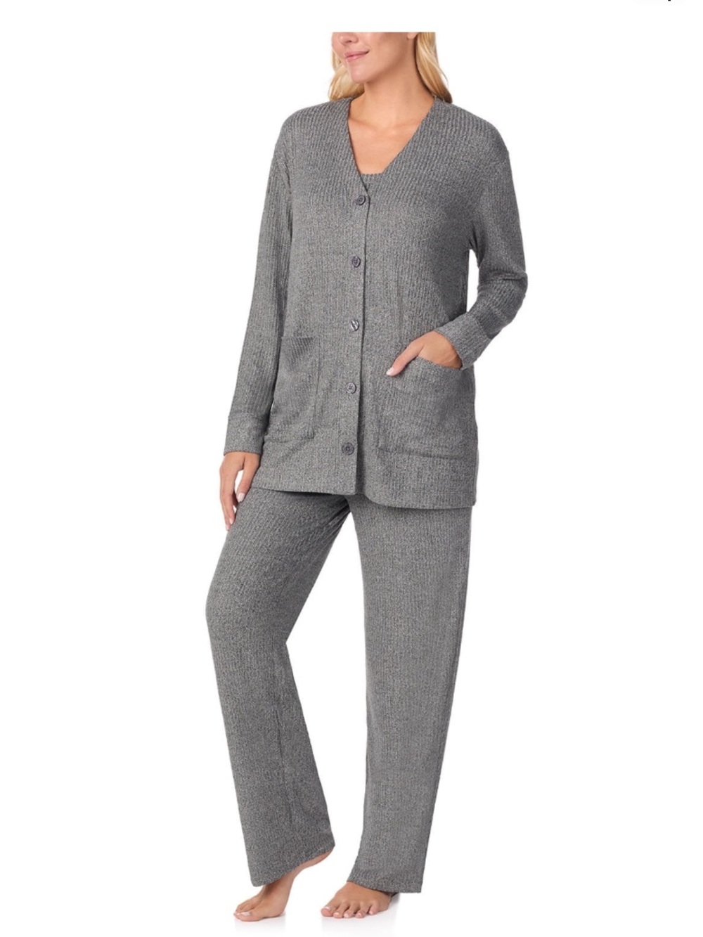 Cuddl Duds Grey 3-Piece Pajamas PJ Set - Cardigan, Tank, and Pants Womens L NWT